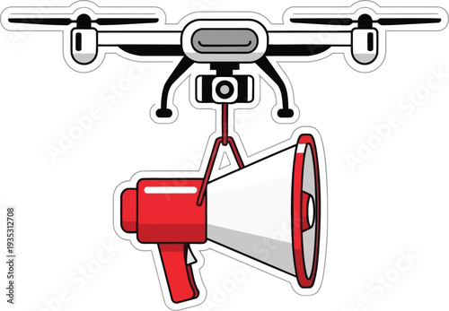 A quadcopter drone equipped with a large red megaphone for aerial announcements