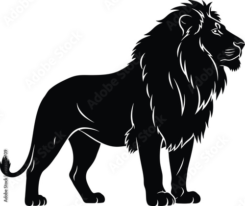 Majestic lion standing in profile view with regal mane and powerful physique