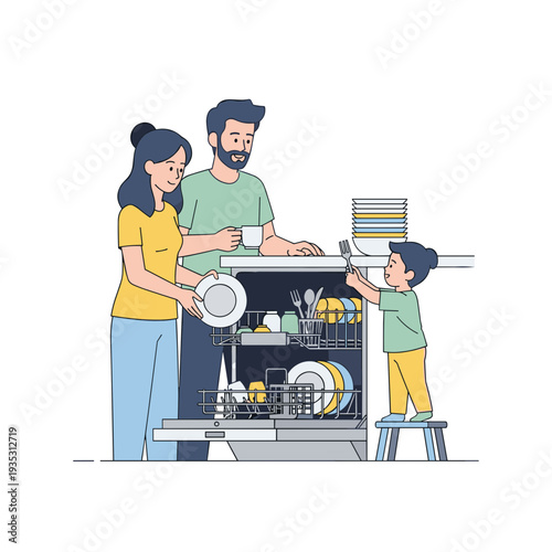 Family doing dishes together with a child at home in kitchen  