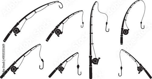 Collection of fishing rods with hooks and reels isolated