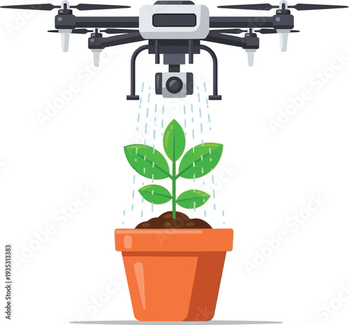 A drone spraying nutrients onto a small potted plant for agricultural innovation.