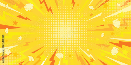 Comic explosion background. Yellow halftone radial pop art design with lightning, thunder, clouds and stars. Dynamic superhero action backdrop with copy space.