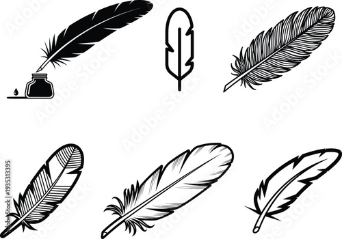 Collection of various feathers and quill pen with inkwell