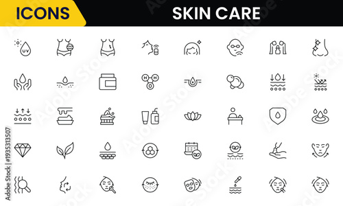 Skin care line icons set. Moisture cream, acid, anti wrinkle serum, creamed, collagen. Pixel perfect, minimalistic web and UI icon.Thin line icon collection. Vector illustration.