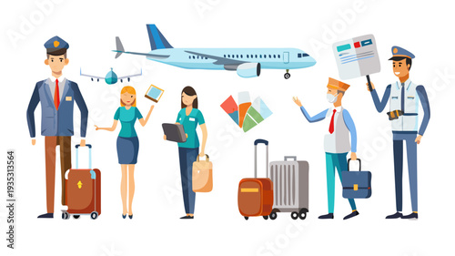 Air travel icon set. Aviation collection. Pilot, flight attendant, airplane, luggage, airport elements. Departure and vacation concept. Tourism flight. Passport control. Vector. See Less