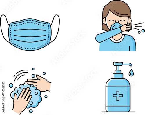 Hygiene and health safety icon set with face mask, hand washing, sanitizer and cough etiquette, medical prevention vector illustration isolated