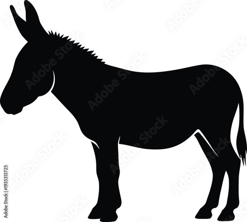 Black silhouette of a donkey standing on a white background