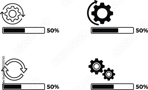 Software Updating Icon Set with Progress Bar and Gear Symbols, System Update Loading Interface Illustration Collection
