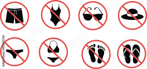 Prohibited beach items icon set with swimwear, sunglasses, hat, flip flops symbols, restriction signs collection isolated on white background vector
