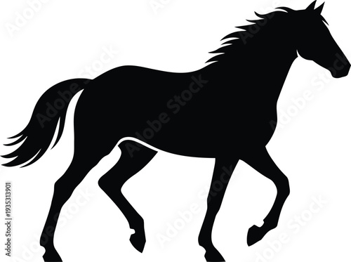 Black silhouette of a horse in motion with flowing mane and tail