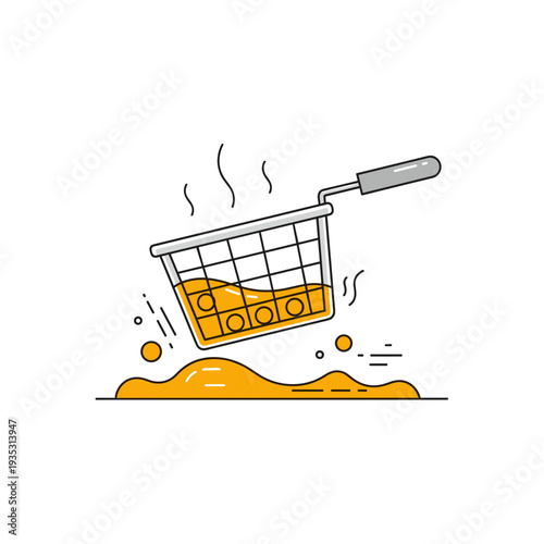 Illustration of a frying basket with bubbling oil and food  