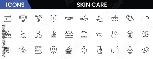 Skin care line icons set. Moisture cream, acid, anti wrinkle serum, creamed, collagen. Pixel perfect, minimalistic web and UI icon.Thin line icon collection. Vector illustration.