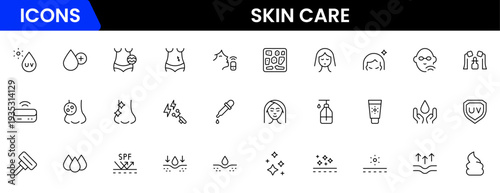 Skin care line icons set. Moisture cream, acid, anti wrinkle serum, creamed, collagen. Pixel perfect, minimalistic web and UI icon.Thin line icon collection. Vector illustration.