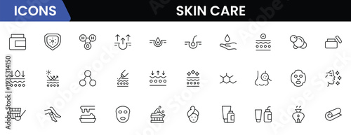 Skin care line icons set. Moisture cream, acid, anti wrinkle serum, creamed, collagen. Pixel perfect, minimalistic web and UI icon.Thin line icon collection. Vector illustration.