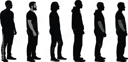 Six men in black silhouette standing in a row silhouettes