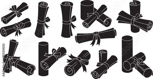 Bundles of rolled paper tied with string and ribbon