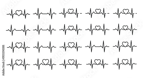 Collection of black ecg heartbeat line designs incorporating heart shapes in various positions