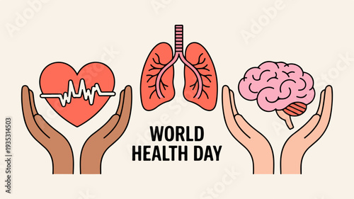 World health day poster design with hands holding heart lungs and brain symbolizing health and wellness