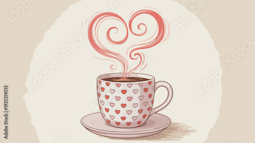 Charming illustrated ceramic coffee mug with heart steam on saucer warm beige background romantic breakfast concept