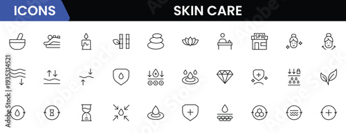 Skin care line icons set. Moisture cream, acid, anti wrinkle serum, creamed, collagen. Pixel perfect, minimalistic web and UI icon.Thin line icon collection. Vector illustration.
