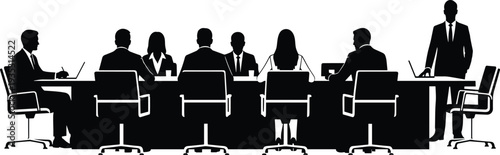 business meeting silhouettes at conference table, corporate team discussion with leader presentation, office teamwork vector illustration set