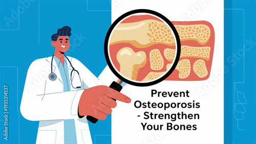 Doctor pointing at magnified illustration of teeth and jaw to prevent osteoporosis and strengthen bones
