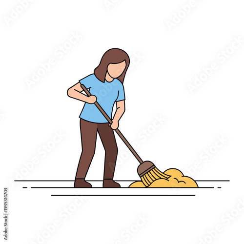 Woman cleaning floor with broom in casual blue shirt and brown pants  