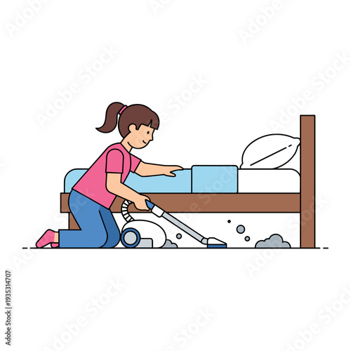 Young woman cleaning under bed with vacuum cleaner in bedroom  