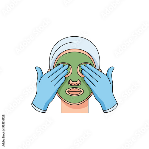 Woman applying green facial mask with hands while relaxing  