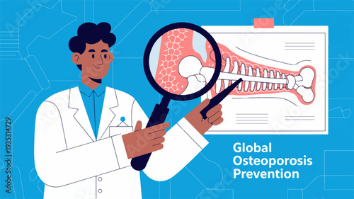 Doctor examining bone structure with magnifying glass for osteoporosis prevention and health