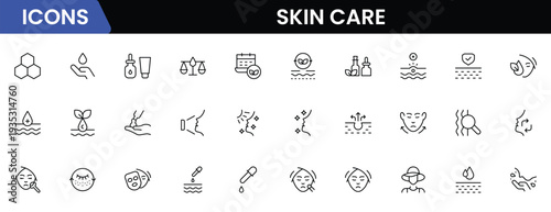 Skin care line icons set. Moisture cream, acid, anti wrinkle serum, creamed, collagen. Pixel perfect, minimalistic web and UI icon.Thin line icon collection. Vector illustration.