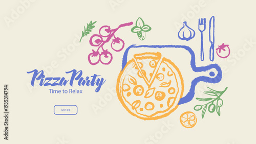 Vintage summer Italian Mediterranean pizzeria set. Hand drawn crayon isolated vector illustration. Amalfi sketch vacation design. Pizza, cheese, tomato, olive branch.