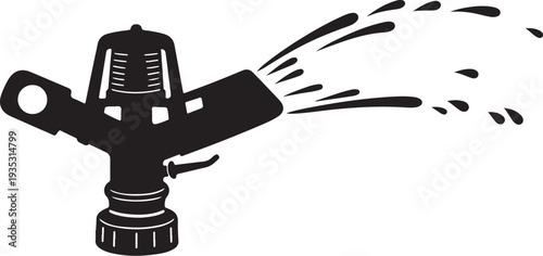 Black sprinkler head spraying water on white background illustration