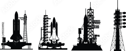 Space shuttle and rocket launch tower silhouettes set, aerospace engineering structures, communication antenna, spacecraft assembly platforms, space exploration concept isolated on white