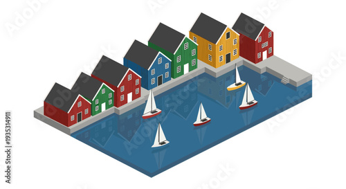 Isometric illustration of colorful wooden houses along a harbor with sailboats, creating a charming coastal village scene. Ideal for travel, architecture, or Scandinavian design themes.