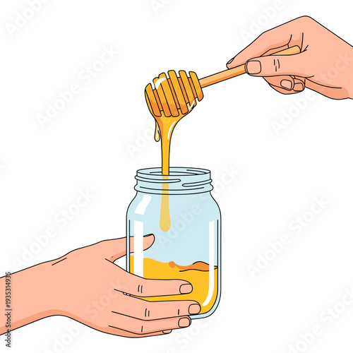Hand holding honey dipper over jar of honey  
