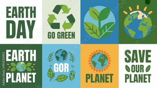 Earth day eco friendly vector graphics collection with green leaves recycling symbol and planet icons on colorful background