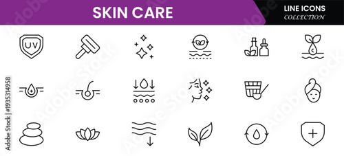 Skin care line icons set. Moisture cream, acid, anti wrinkle serum, creamed, collagen. Pixel perfect, minimalistic web and UI icon.Thin line icon collection. Vector illustration.