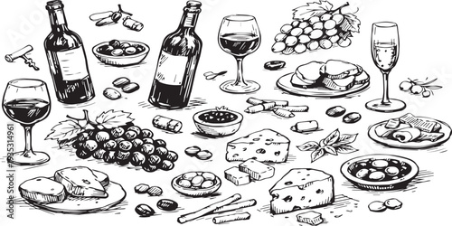 Gourmet set of food and drinks featuring red wine in a glass with cheese and bread on a plate for a restaurant dinner illustration icon