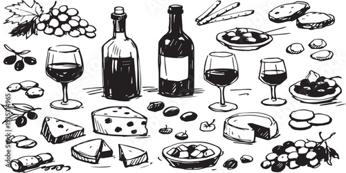 A gourmet restaurant table set with a bottle of red wine, a glass of champagne, and a plate of fresh meat and cheese for a delicious celebration dinner