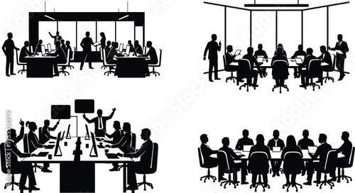 business meeting silhouettes set in modern office, corporate team discussion and conference teamwork scenes vector illustration collection