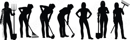 Women gardeners silhouette set with rake shovel and hoe, female farmers working in garden agriculture, rural labor and gardening activity illustration