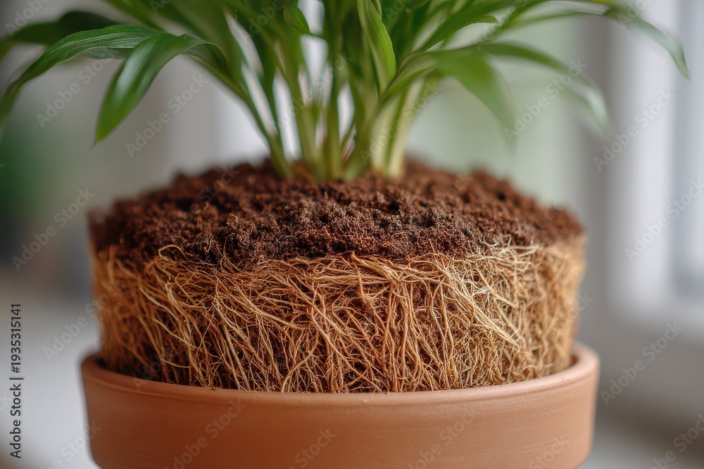 Obraz premium Close-up of the root system of a potted plant, revealing the intricate network of roots intertwined within the soil and extending towards the base of the planter, showcasing healthy growth.