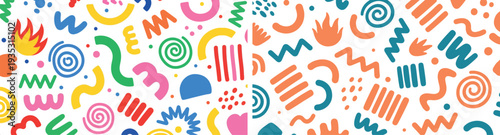 Colorful retro memphis style seamless pattern vector featuring abstract geometric shapes squiggles and zigzags for trendy 80s 90s vintage backgrounds creative fashion and pop art graphic design