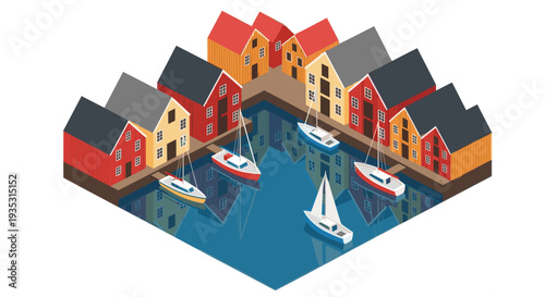 Isometric vector illustration showing colorful houses and sailboats docked in a small harbor, perfect for travel and architecture concepts.