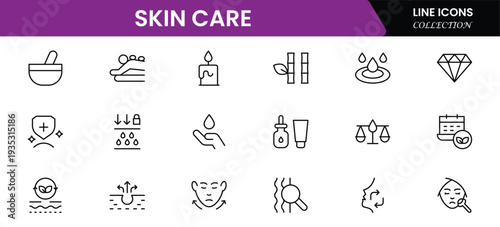 Skin care line icons set. Moisture cream, acid, anti wrinkle serum, creamed, collagen. Pixel perfect, minimalistic web and UI icon.Thin line icon collection. Vector illustration.