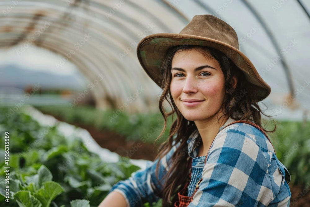 Fototapeta premium Young farmer woman wearing hat and bib overalls, working and smiling in a greenhouse tunnel full of lettuce
