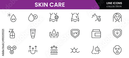Skin care line icons set. Moisture cream, acid, anti wrinkle serum, creamed, collagen. Pixel perfect, minimalistic web and UI icon.Thin line icon collection. Vector illustration.