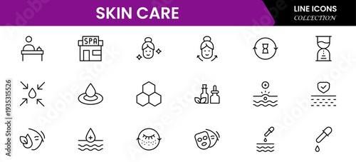 Skin care line icons set. Moisture cream, acid, anti wrinkle serum, creamed, collagen. Pixel perfect, minimalistic web and UI icon.Thin line icon collection. Vector illustration.