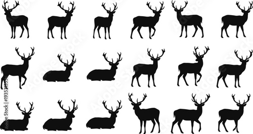 Black silhouettes of deer with antlers on white background